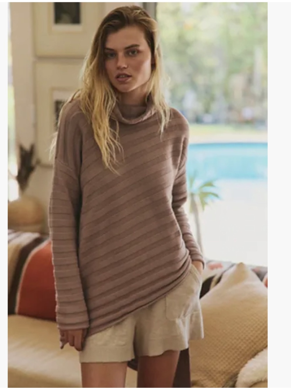 Free People Versa Cowl-Neck Tunic Sweater in Taupe